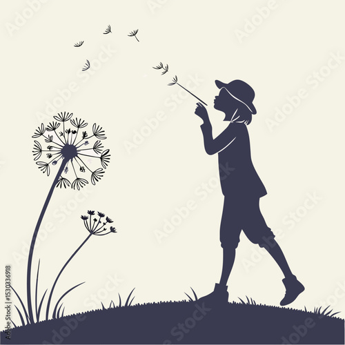 Silhouette of a child blowing dandelion seeds in a whimsical scene illustration