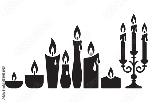 Assorted candle silhouettes in varied shapes and flames including vintage candelabra for decor themes