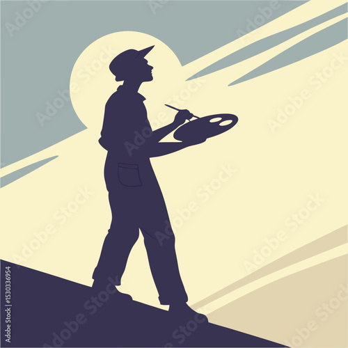 Silhouette of a determined artist walking toward the sun with purpose