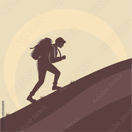 Silhouette of a determined hiker climbing a steep hill under a bright sun