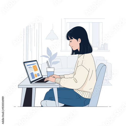 Vector illustration of a young woman intently working on a laptop at a desk, set against a transparent backdrop. Depicts productivity, remote work, and online learning concepts.