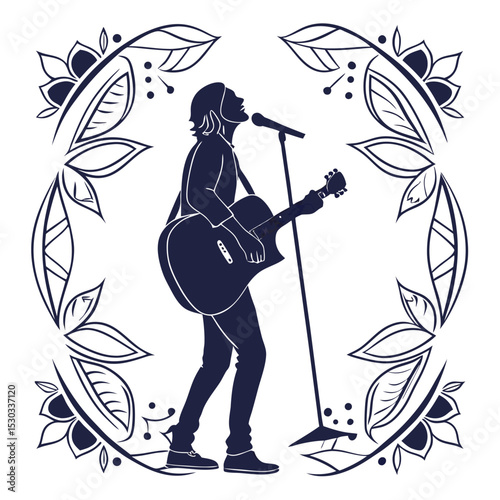 Silhouette of a musician singing and playing the guitar with floral frame