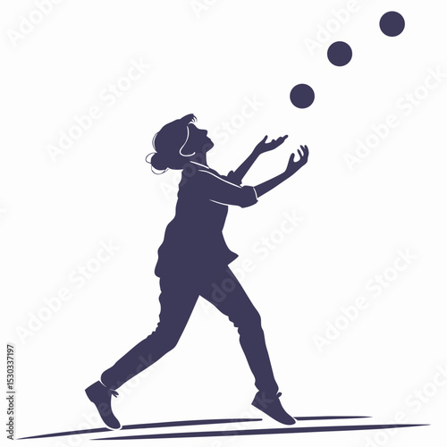 Silhouette of a woman juggling three balls while walking forward gracefully