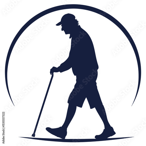 Silhouette of an elderly man walking with a cane, under an arc graphic