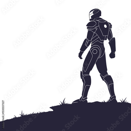 Silhouette of armored figure standing on a hill, looking into the distance