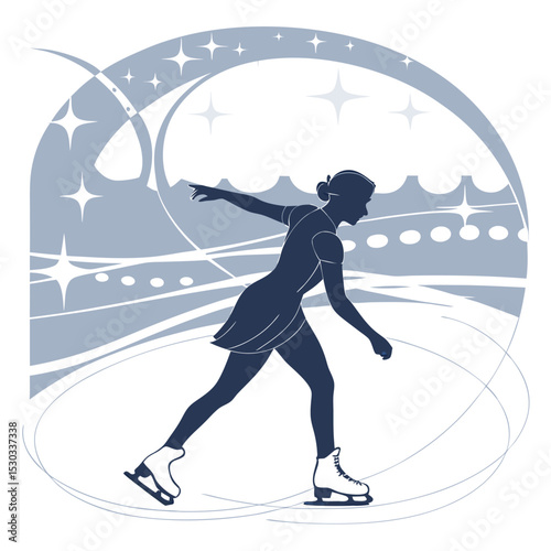 Silhouette of figure skater performing on ice with a starry background