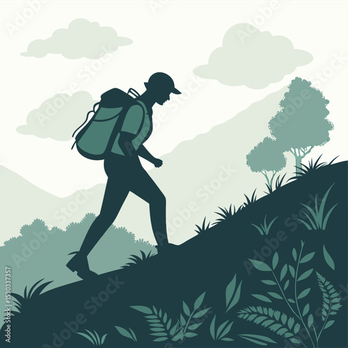 Silhouette of Hiker Ascending a Mountain Slope with Backpack and Nature