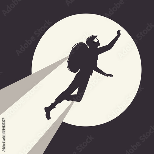 Silhouetted Astronaut Floating in Space with Moonlight in the Background Illustration