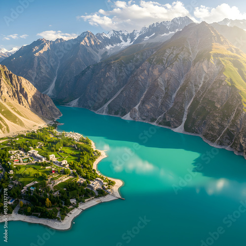 Stunning Aerial View: Turquoise Lake Nestled in Majestic Mountains on transparent background