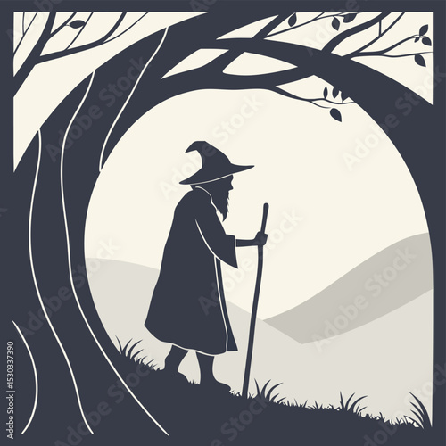 Silhouette Wizard in a Forest Scene with Mountains in the Background