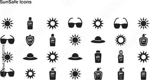 Flat summer safety icon set with sun, SPF 30, umbrellas, hats, sunscreen, and UV protection for digital wellness design themes