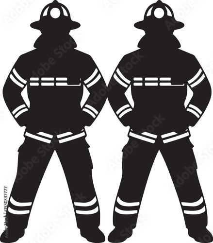 Firefighters Standing in Uniform Vector Silhouette