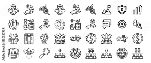 A comprehensive collection of business and finance icons, illustrating various concepts such as growth, customer experience, and financial transactions.