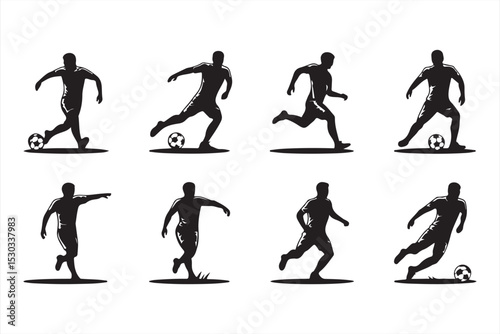Clean vector silhouettes of football players dribbling, passing, and shooting on white background