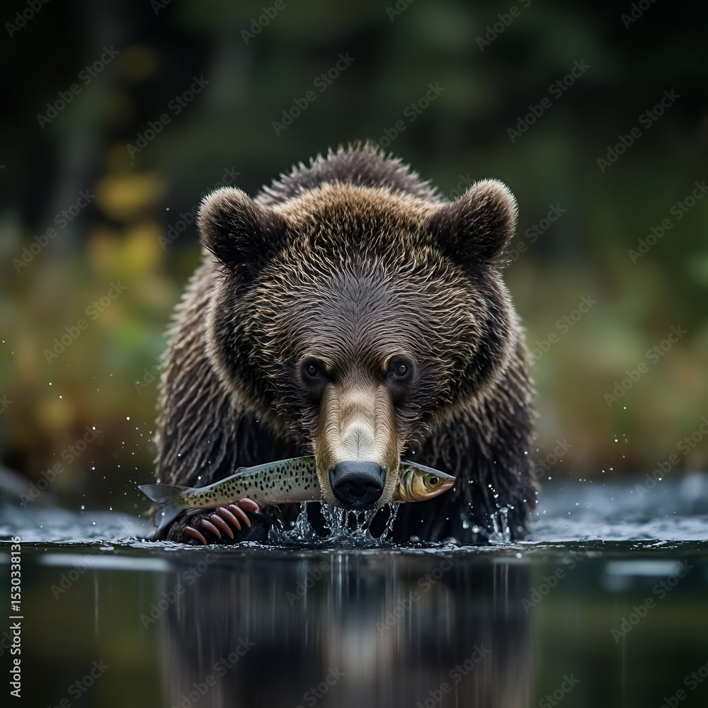 Obraz premium Grizzly bear catching fish in river natural habitat wildlife photography serene environment close-up view nature's majesty