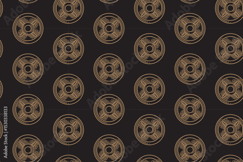 Weight plate line art seamless pattern on black background. Lifting iron plate engraving doodle pattern background. Barbell plate hatching motif wallpaper. Fitness, gym, weightlifting merchandise