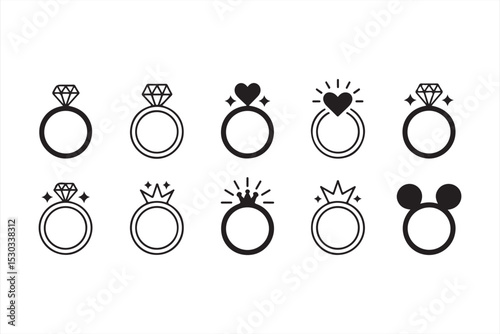 Overlapping wedding ring icon set with hearts, diamonds, and royal symbols in monoline style