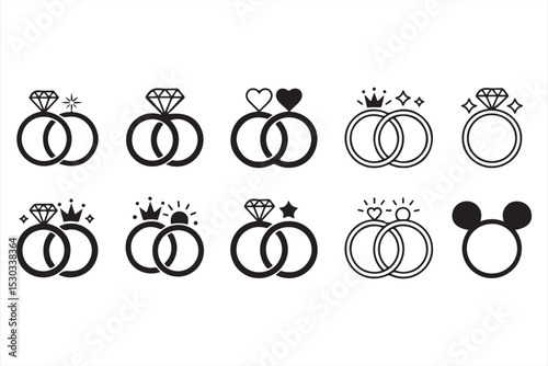 Creative collection of playful engagement ring icons in minimalist vector design