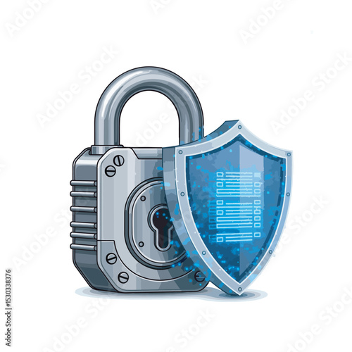 Vector illustration of a metallic padlock and a glowing blue digital shield on a transparent background. Symbolizes cybersecurity, data protection, and digital privacy, perfect for tech and security 