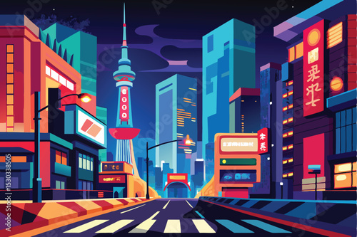 A colorful, stylized illustration of a bustling night city.