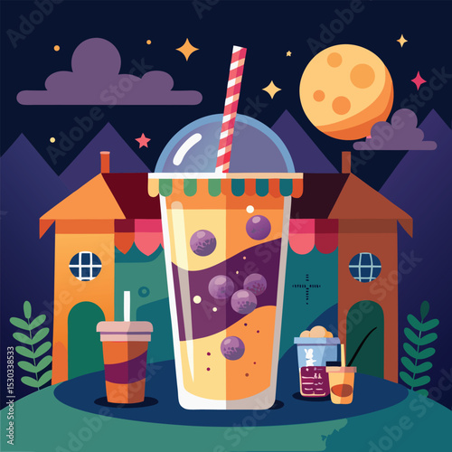 A vibrant, flat illustration showcases a large berry smoothie in a takeaway cup, perfect for a night-time treat.