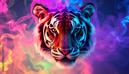 A striking vector illustration of a wild Bengal tiger's head with piercing eyes and distinctive stripes on a blue background