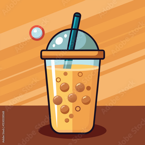 A vibrant cartoon illustration of a refreshing bubble tea drink in a clear plastic cup with a straw.