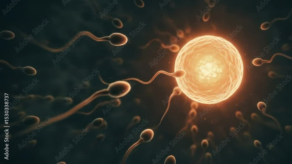 Fertilization: An intimate portrayal of fertilization, as numerous sperm cells strive toward an illuminated ovum, showcasing the wonder of conception and the dawn of new life.