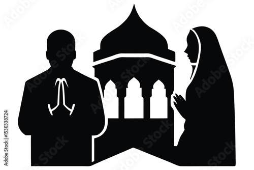 Muslim couple praying together at the kaaba silhouette