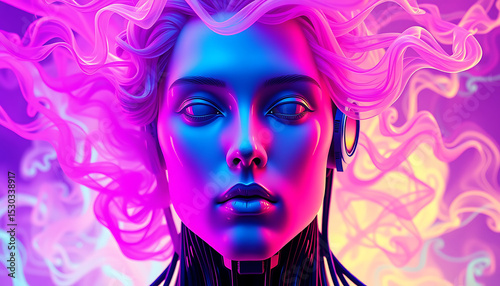 Close-up fashion illustration of a beautiful robot woman's face with artistic make-up, glamorous hairstyle, and captivating eyes, made by AI