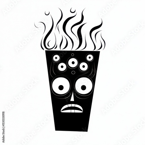 Black and White Stylized Face Illustration with Multiple Eyes and Steam