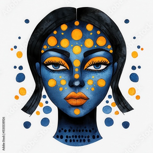 Blue Woman with Orange and Yellow Dots Watercolor Portrait