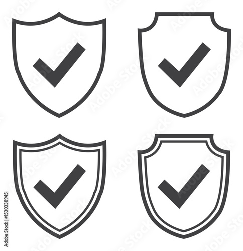Shield icon set with check mark. Security shield icons with checkmarks in various styles and silhouette options.