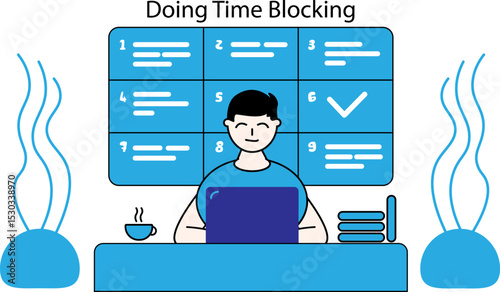 Flat-style illustration of a person practicing time blocking at a desk with a laptop, schedule board, coffee, and books. Ideal for productivity, time management, remote work, and planning concepts