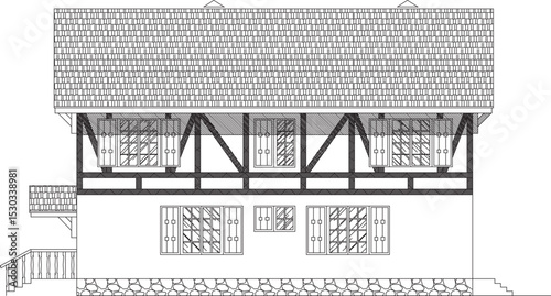 vector illustration of architectural design of old classic vintage ethnic traditional residential house construction
