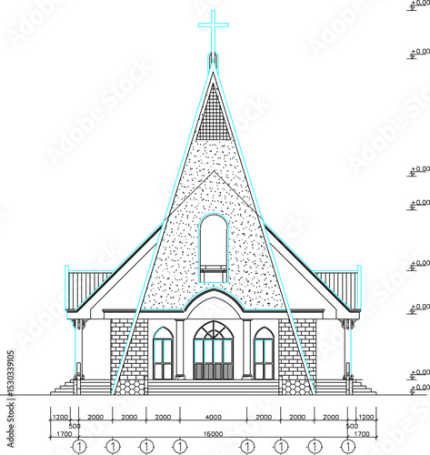 vector illustration of architectural design view of exterior facade of holy catholic church with classic vintage style 