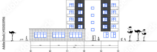 vector illustration of architectural design view of facade of modern multi-storey office building 