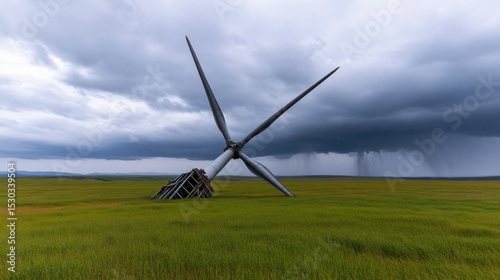 A wind turbine lies toppled in a lush green field as dark storm clouds gather overhead in the late afternoon. Rain can be seen in the distance, creating a dramatic contrast in the landscape.