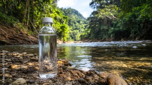 Pure Nature: A Bottle of Water by a Tranquil River in Lush Forest