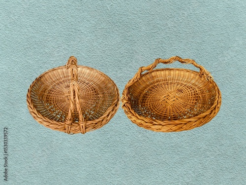 The light green background in the picture is a light-weight, finely woven brown rattan basket with a handle for carrying. It is a colorful household item that is convenient Beautiful colors.
