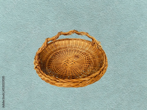The light green background in the picture is a light-weight, finely woven brown rattan basket with a handle for carrying. It is a colorful household item that is convenient Beautiful colors.