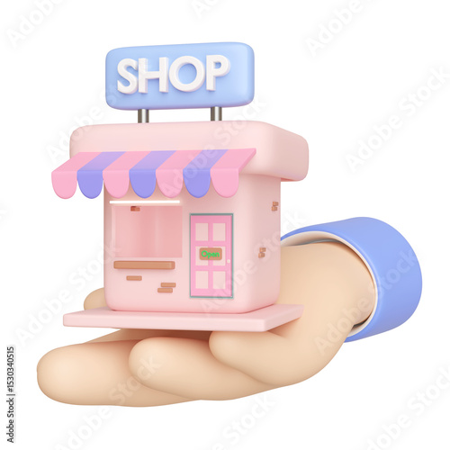 3D Businessman hand holding store building icon isolated. cartoon style. Shop Building For Rent Or Buy, startup franchise business concept, 3d render illustration
