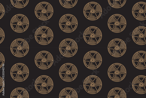 Weight plate line art seamless pattern on black background. Lifting plate engraving doodle pattern background. Barbell iron plate hatching motif wallpaper. Fitness, gym, weightlifting merchandise