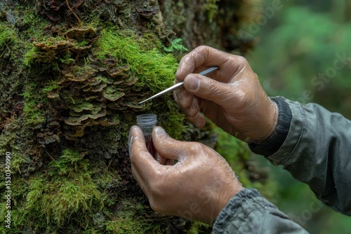 Person collecting sample from mossy tree bark with tweezers into small plastic bottle
