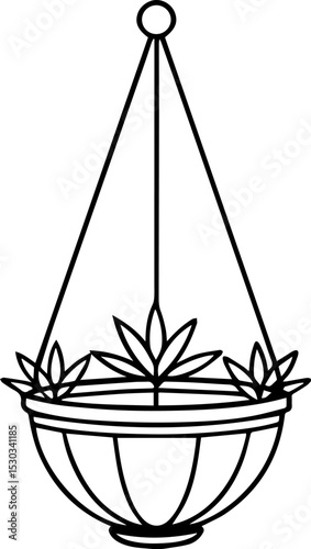Hanging planter outline vector illustration, line art