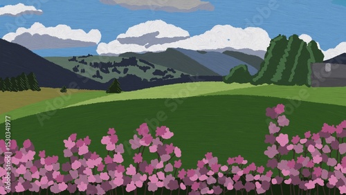 Hand drawn landscape with mountains, flowers and clouds background