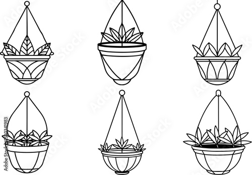Set of Hanging planter outline vector illustration, line art