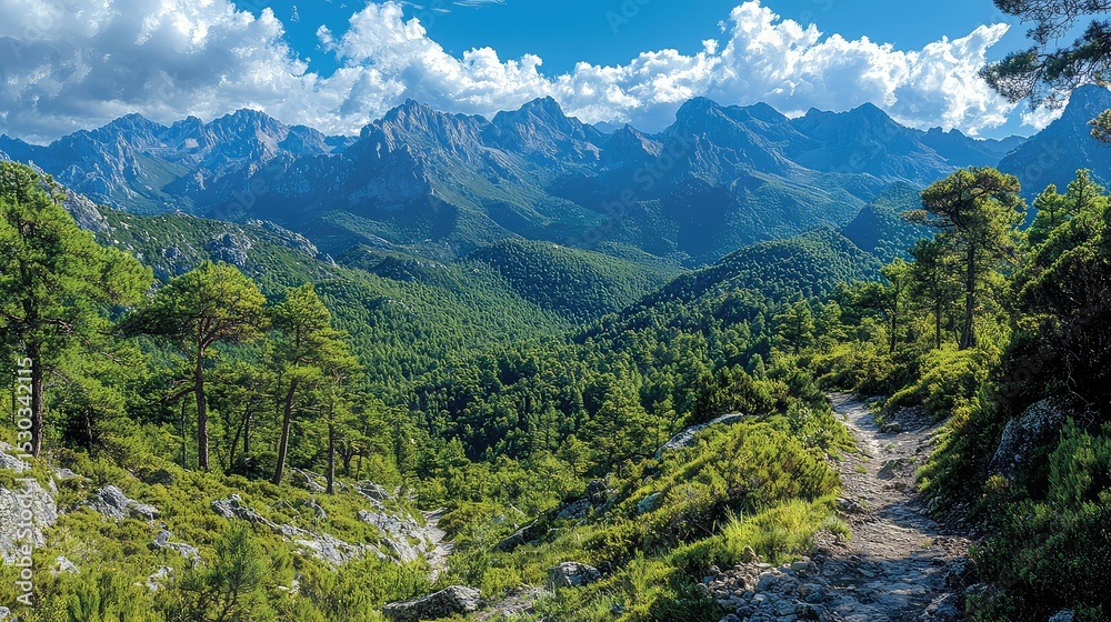 Obraz premium Lush mountain scenery with a hiking trail.