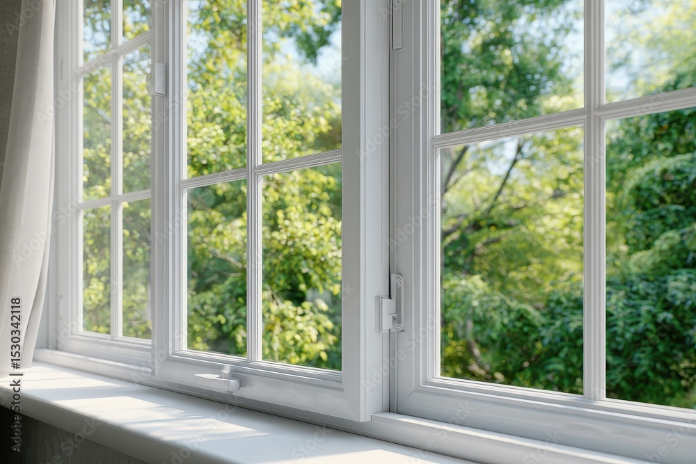 Fototapeta premium View of a window with a garden outside showing bright light and green foliage