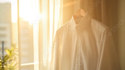 Sunrise Illuminates Crisp White Shirt Hanging by Window